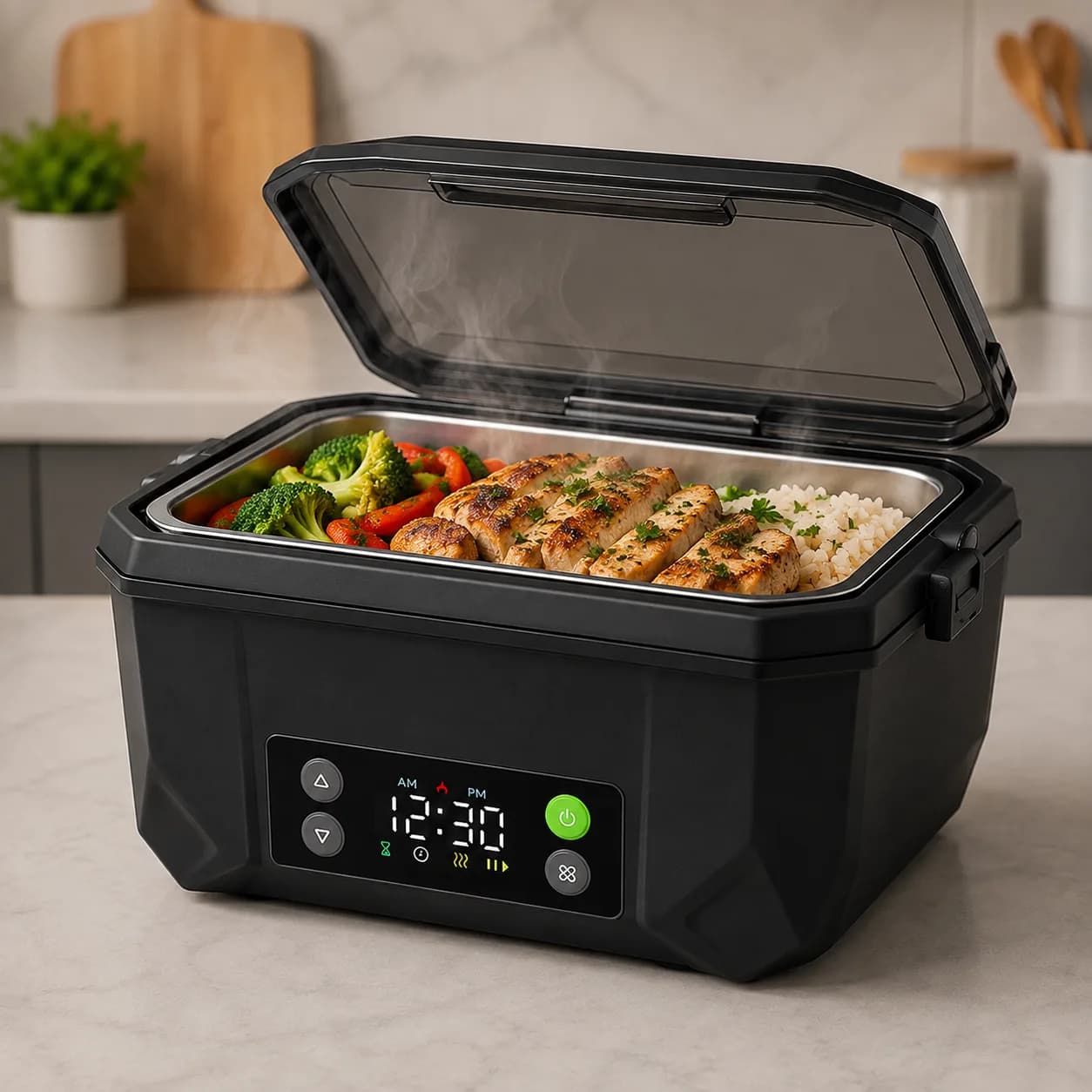 SmartLunch ouverte, repas chaud fumant dans la cuve inox