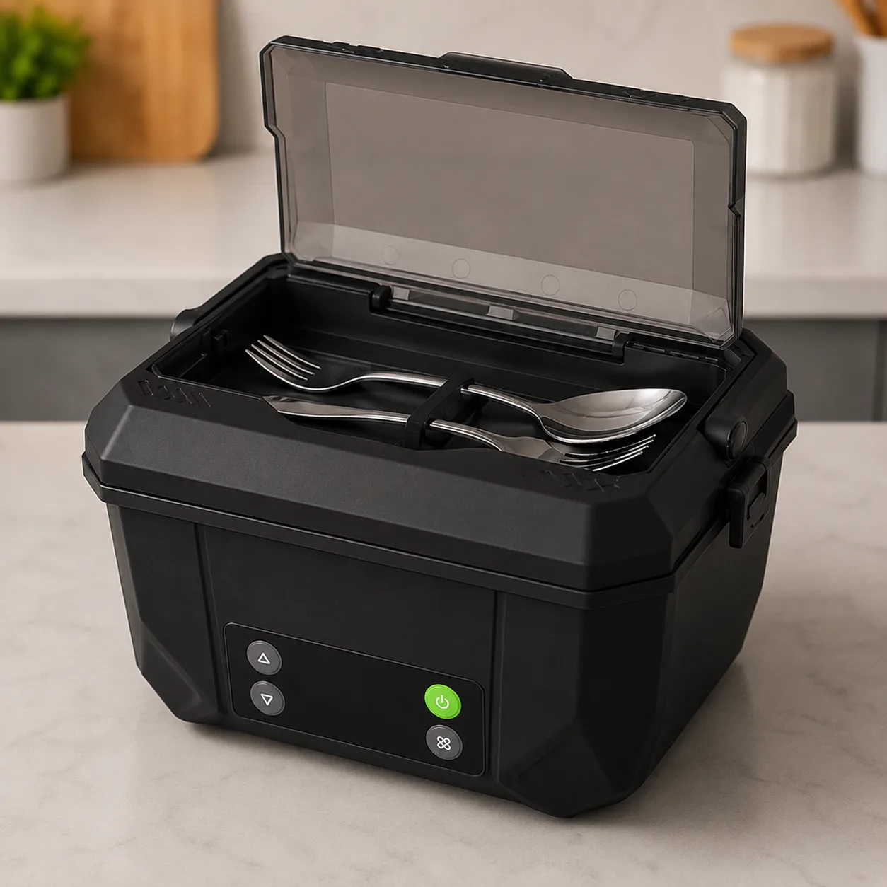 SmartLunch ouverte avec les couverts dans le couvercle