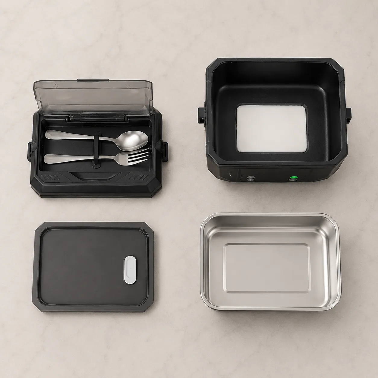 Les éléments de la SmartLunch séparés : couvercle, plateau à couverts, corps et cuve inox