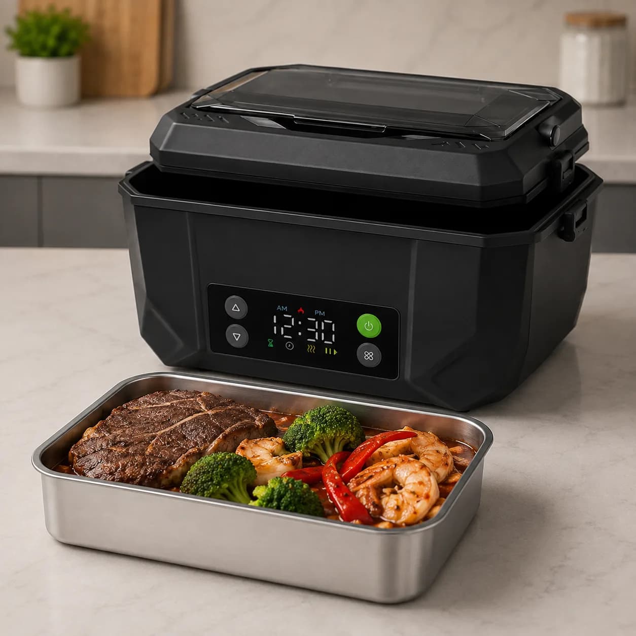 Cuve inox de 1,3 L remplie d’un repas complet, posée devant la SmartLunch