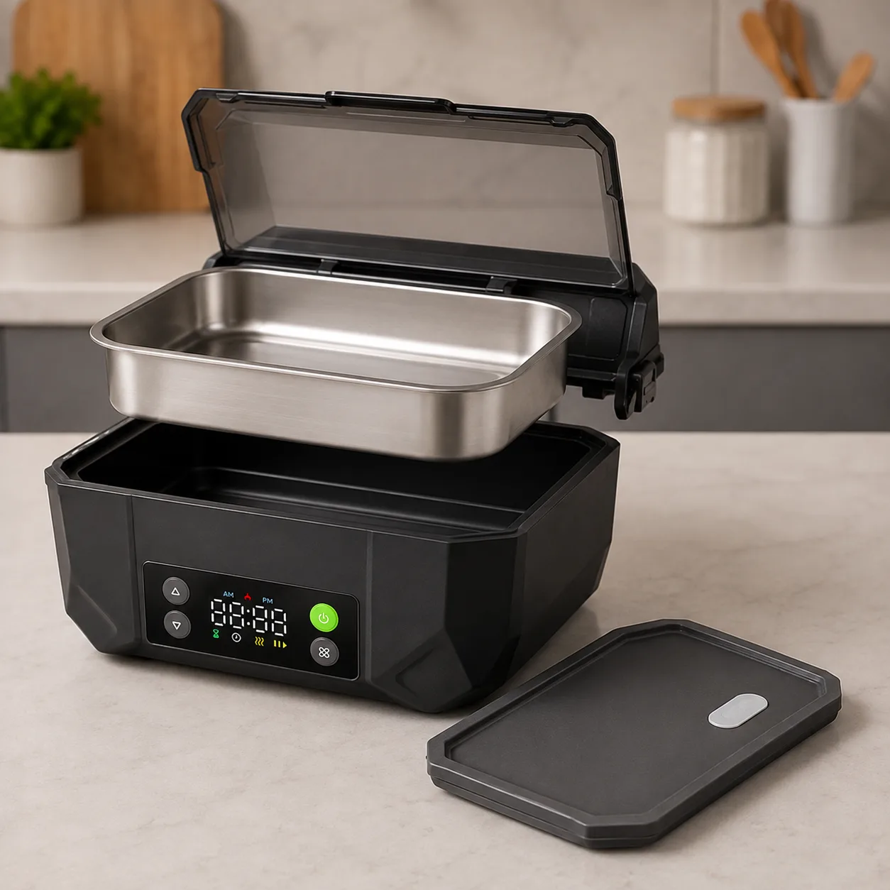 Cuve inox sortie du corps de la SmartLunch, couvercle posé à côté